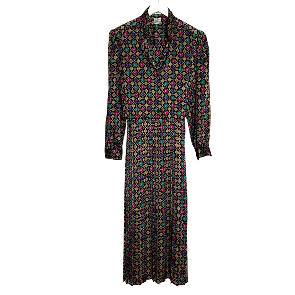 Vintage Pleated Medallion Print Jewel Tones Dress Size 8 - Picture 12 of 15